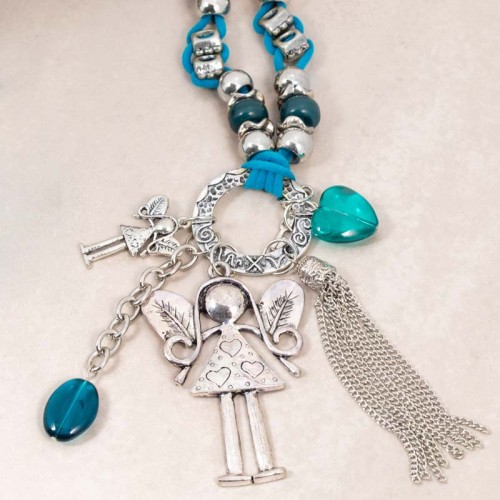 Collier CHOUPETTE Turquoise Silver Sautoir pendentif en Y Poupée ou petite fille Argenté et Turquoise Rhodium et Suédine Résines