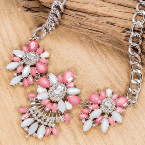 Collier LUMINIS Pink Silver Plastron pavé Floral Argenté et Rose Rhodium Cristal