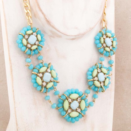 Collier BLOSSOMA Turquoise Gold Plastron pavé Floral Doré et Turquoise Rhodium Cristaux sertis