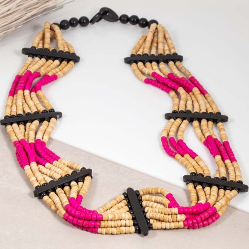 Collier ZOKA Pink Beige Black Plastron de perles multirangs Ethnique Noir et Rose et Beige Bois