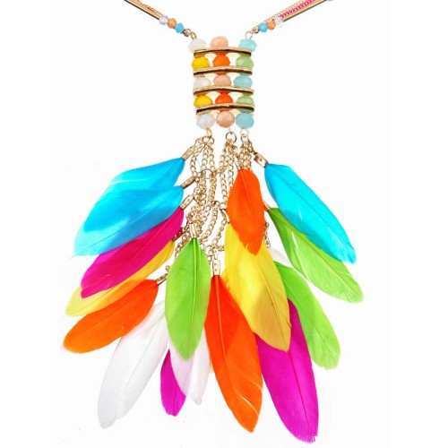 Collier IRIS Color Gold Sautoir pendentif en Y Ethnique Doré et Multicolore Laiton doré à l'or fin Cristal et Plumes