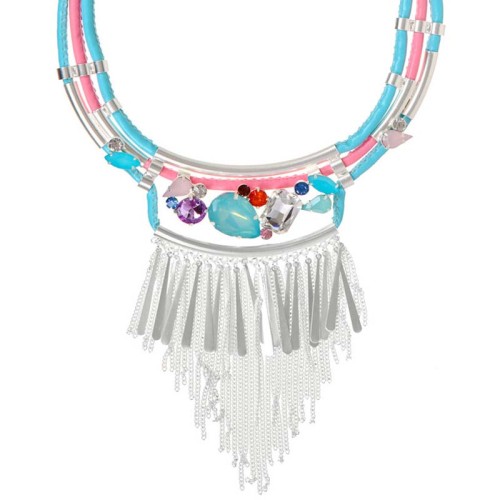 Collier TARISA Pink Blue Silver Plastron pavé à frange Rivière Argenté et Rose et Bleu Rhodium et Simili-Cuir Cristal et Résines