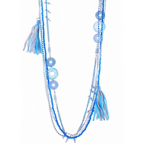 Collier PRAYA DO MAR Sky Blue Silver Sautoir multirangs à pendentif Pompons Argenté et Bleu Ciel Rhodium Cristal et Pompons