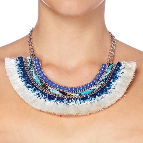 Collier WESTRIA Blue Silver Plastron à frange Ethnique amérindien Argenté et Bleu Rhodium et Simili-Cuir Cristal et Tissage