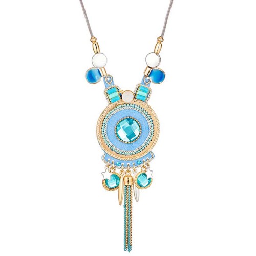 Collier MANAGUAL Blue Silver Collier Pendentif en Y Amulette Argenté et Bleu Rhodium et Simili-Cuir Cristal