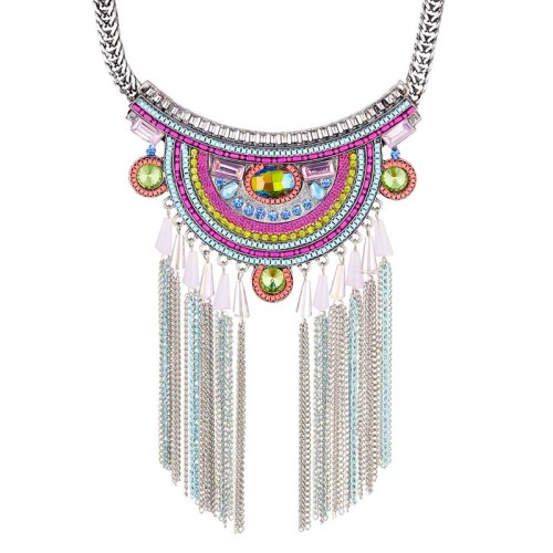 Collier LOUXOR Color Silver Plastron pavé à frange Ethnique Argenté et Multicolore Rhodium Cristal