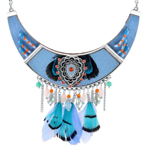 Collier NATALES Blue Silver Plastron pavé à pendentif Ethnique Argenté et Bleu Rhodium et Simili-Cuir Cristal et Plumes