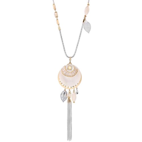 Collier SEBASTIAN White Gold & Silver Sautoir pendentif en Y Ethnique Argenté Doré et Blanc Rhodium Cristal et Nacre