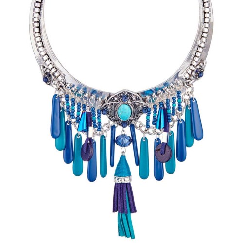 Collier VALPARAISO Blue Silver Plastron pavé Ethnique Argenté et Bleu Rhodium Cristal et Résines