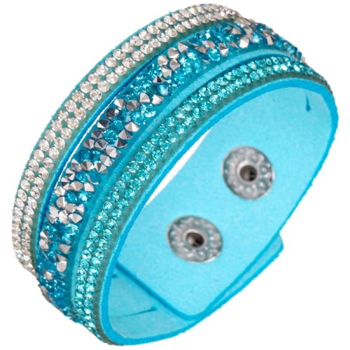 Bracelet STAR SIBERIA Sky Blue Silver Manchette souple Multirangs Rivière de cristal Argenté et Bleu Ciel Simili-Cuir Cristal