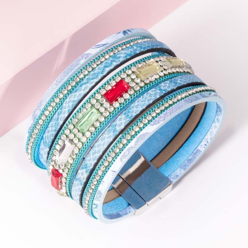 Bracelet IDYL OF CRYSTAL Turquoise Silver Manchette souple Multirangs Rivière de cristal Argenté Turquoise Simili-Cuir Cristal