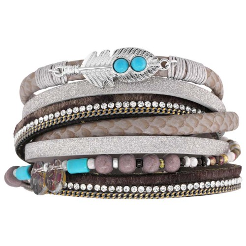 Bracelet OKLAHOMA Grey Silver Double tour Multirangs Plume ethnique Argenté et Gris Simili-Cuir Cristal Turquoise reconstituée