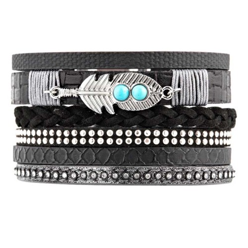 Bracelet PUEBLOS Black silver Manchette souple Multirangs Plume ethnique Argenté Noir Simili-Cuir Cristal Turquoise reconstituée