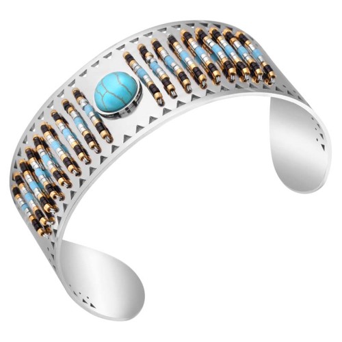 Bracelet LOUXANE Turquoise Silver Manchette réglable flexible ajourée Argenté et Turquoise reconstituée Acier inoxydable Suédine