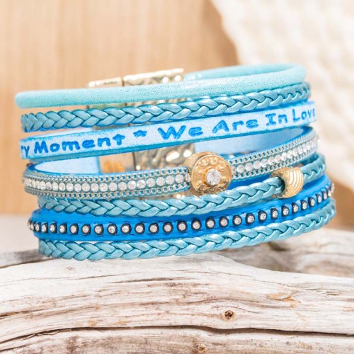 Bracelet MADRE Turquoise Gold Manchette souple Multirangs Message Doré et Turquoise Rhodium et Simili-Cuir Cristal