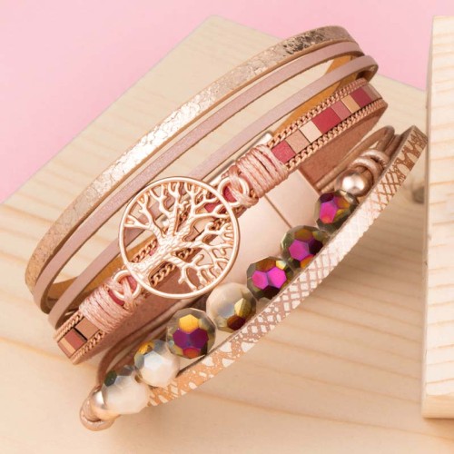 Bracelet NATURA FORESTA Pink & Rose Gold Manchette souple Multirangs Arbre de vie ajouré Rosé Rose Doré à l'or fin Cuir Cristal