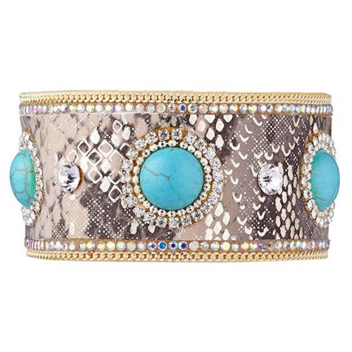 Bracelet TRIPOLIS Turquoise Silver Manchette souple pavée imprimé reptile Argenté et Turquoise reconstituée Simili-Cuir Cristal