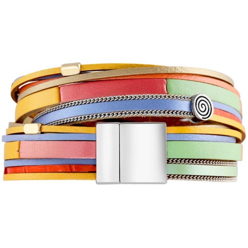 Bracelet ARLODINO Color Silver Double tour Multirangs Patchwork Argenté et Multicolore Rhodium et Cuir