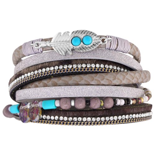 Bracelet NATIVO Grey Silver Double tour Multirangs Plume Argenté et Gris Rhodium et Simili-Cuir Cristal