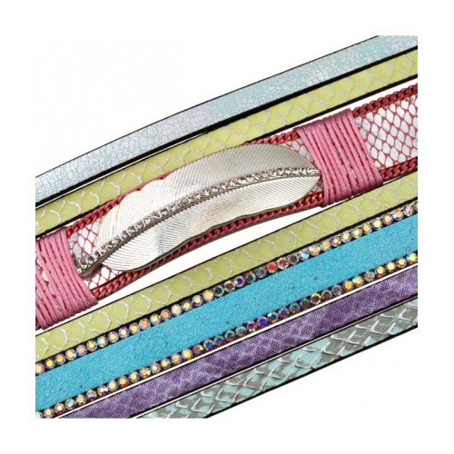 Bracelet VIJAY Color Silver Manchette souple Multirangs Plume Argenté et Multicolore Rhodium et Simili-Cuir Cristal