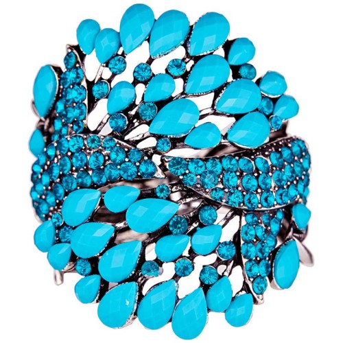 Bracelet ZAPATA Turquoise Blue Silver Manchette rigide ajourée Ailes de paon Argenté et Bleu Rhodium Cristal et Résines