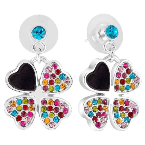 Boucles d'oreilles LUCKY CRYSTAL Color Silver Pendantes courtes Trèfle à 4 feuilles Argenté et Multicolore Rhodium Cristal