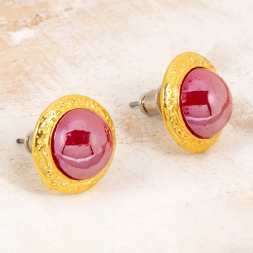 Boucles d'oreilles MEDIOS Red Gold Puces clous Cabochon Doré et Rouge Laiton doré Résines