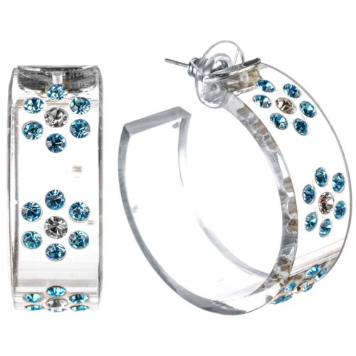 Boucles d'oreilles SONIATA Sky Blue & White Créoles pavées Fleur Blanc et Bleu ciel Rhodium et PVC Cristal