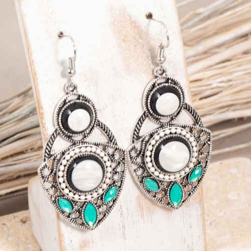 Boucles d'oreilles KARISTO Turquoise Silver Pendantes pavées œil Argenté et Turquoise Laiton argenté Nacre