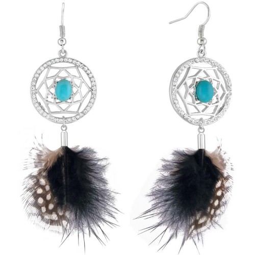 Boucles d'oreilles REVORIA Turquoise Silver Pendantes ajourées Plumes ethniques Argenté et Turquoise Rhodium Cristal et Plumes