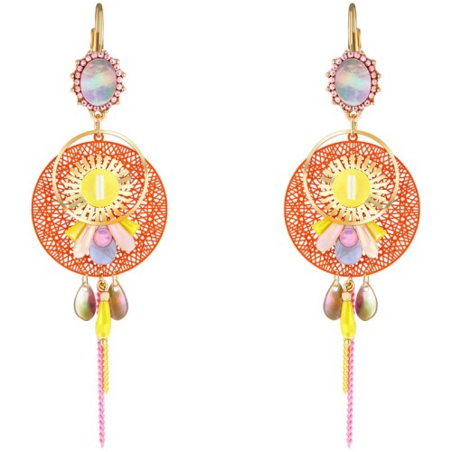 Boucles d'oreilles LINDA Orange Gold Pendantes ajourées à pendentif Filigrane Doré et Orange Rhodium Cristal et Nacre