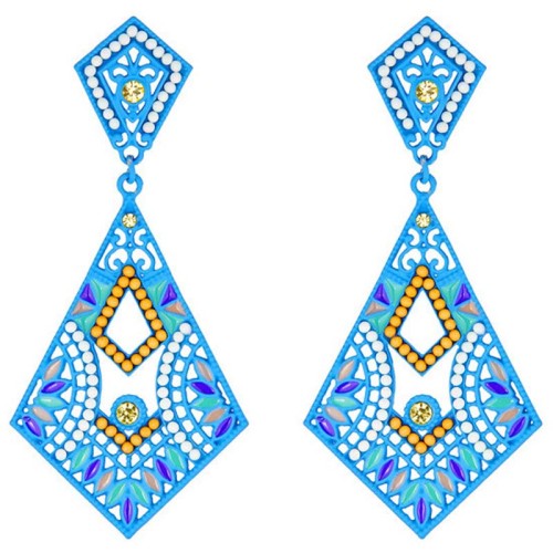 Boucles d'oreilles YUTIA Blue Silver Pendantes longues pavées ajourées Ethnique Argenté et Bleu Rhodium Cristal