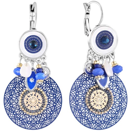 Boucles d'oreilles DJOVITA Blue Gold & Silver Pendantes ajourées Baroque romantique Argenté Doré Bleu Rhodium Cristal Nacre