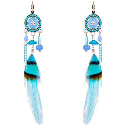 Boucles d'oreilles CAP HORN Turquoise Silver Pendantes à pendentif Ethnique Argenté et Turquoise Rhodium Cristal et Plumes