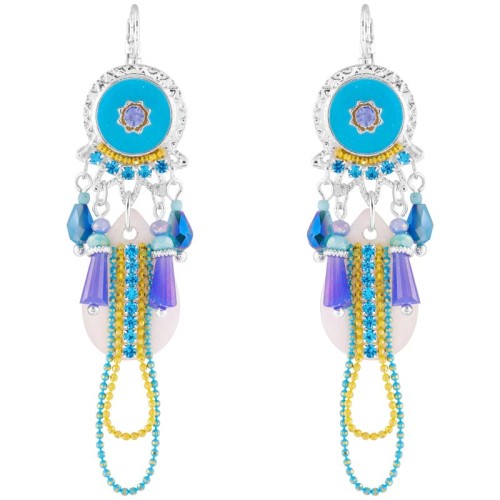 Boucles d'oreilles BLUE LEMON Turquoise Silver Pendantes à pendentif Ethnique Argenté et Turquoise Rhodium Cristal et Nacre