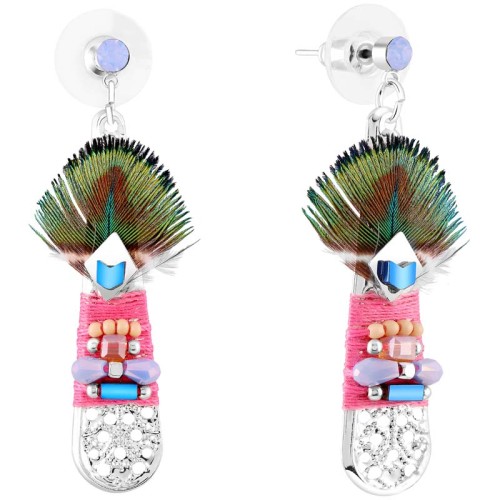 Boucles d'oreilles PAKITO Color Silver Pendantes courtes Ethnique Argenté et Multicolore Rhodium Cristal et Plumes