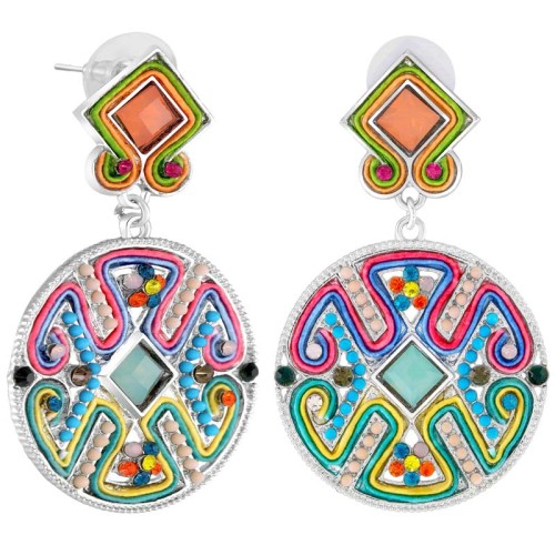 Boucles d'oreilles KANTARI Color Silver Pendantes pavées Ethnique Argenté et Multicolore Rhodium Cristal