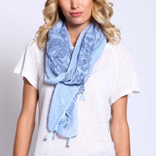 Foulard REVASO Sky Blue étole imprimée cachemire Bleu et Bleu Ciel 100 % coton Imprimé sur l'ensemble