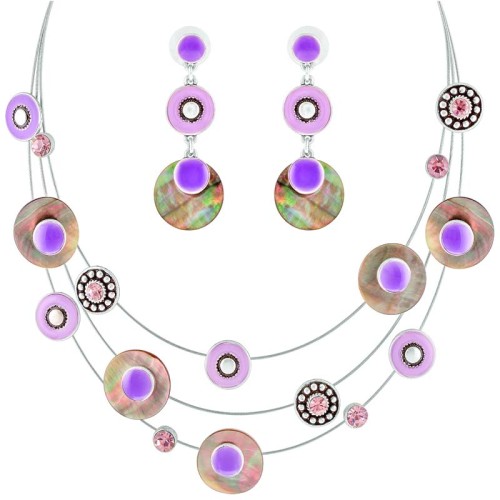 Parure ROMI Mauve Silver Ras de cou multirangs boucles d'oreilles pendantes Satellite Parme Laiton argenté Cristal Nacre émaux