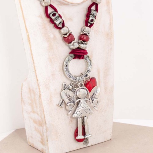 Collier CHOUPETTE Red Silver Sautoir pendentif en Y Poupée ou petite fille Argenté et Rouge Bordeaux Rhodium et Suédine Résines