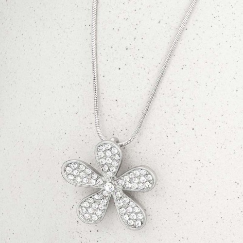 Collier FLORUS White Silver Ras de cou pendentif Fleur Argenté et Blanc Rhodium Cristal