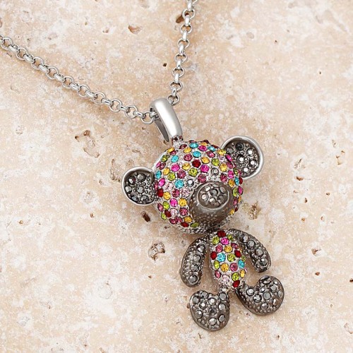 Collier TEDDY Color Silver Ras de cou Pendentif ourson bicolore Argenté et Multicolore Rhodium Cristal