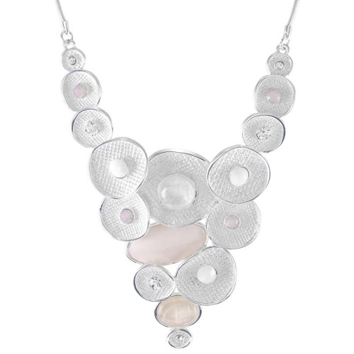 Collier EREDIANCE White Silver Plastron pavé Contemporain Argenté et Blanc Rhodium Cristal et Nacre et agate