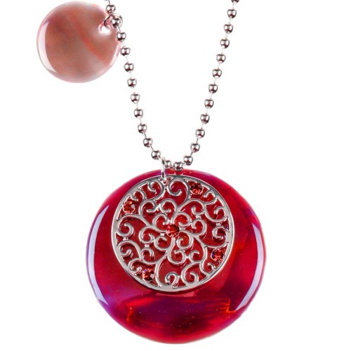 Collier YURIA Red Silver Ras de cou pendentif Filigrane Argenté et Rouge Rhodium Cristal et Nacre