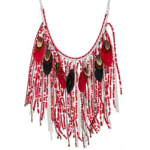 Collier MERINDIA Red Silver Plastron à frange Ethnique amérindien Argenté et Rouge Rhodium Perles et Plumes