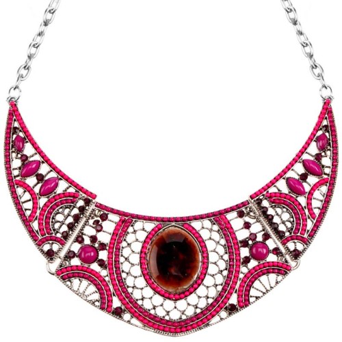 Collier FOPLARO Fuchsia Silver Plastron pavé ajouré Baroque médiéval Argenté et Fuchsia Rhodium Cristal Résines Pates de verre