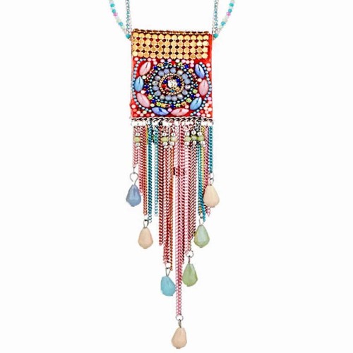 Collier DALIYA Color Silver Sautoir pendentif en Y Ethnique Argenté et Multicolore Rhodium et Simili-Cuir Cristal et Résines