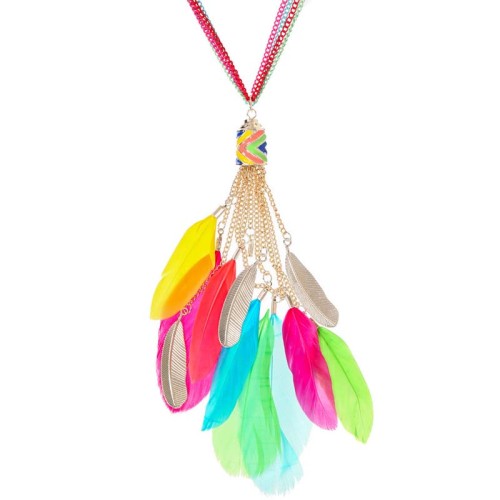 Collier IRIS Color Gold Sautoir pendentif en Y Ethnique Doré et Multicolore Laiton doré à l'or fin Cristal et Plumes