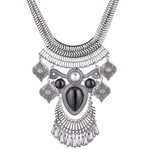 Collier ECUSSA Black Silver Plastron pavé à pendentif Antique ou médiéval Argenté et Noir Rhodium Cristal et Résines