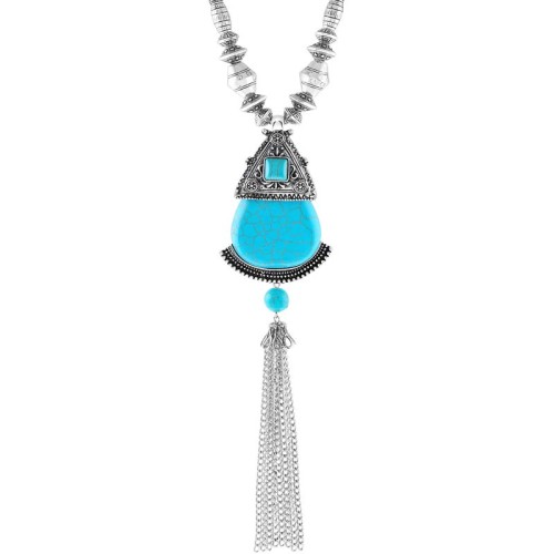 Collier PEDROTA Turquoise Silver Sautoir pendentif en Y Antique ou médiéval Argenté et Turquoise reconstituée Rhodium